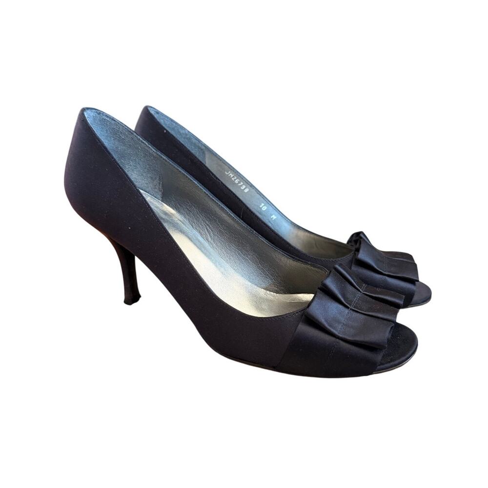 Stuart Weitzman Gigiritz Ruffle Pumps Navy Satin SZ 10 Classic Open Toe Heels